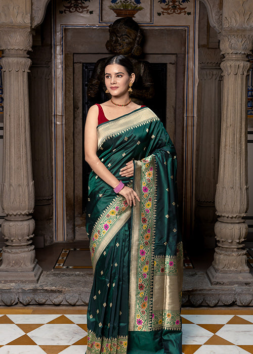 Green Katan Silk Saree — Kadwa Booti