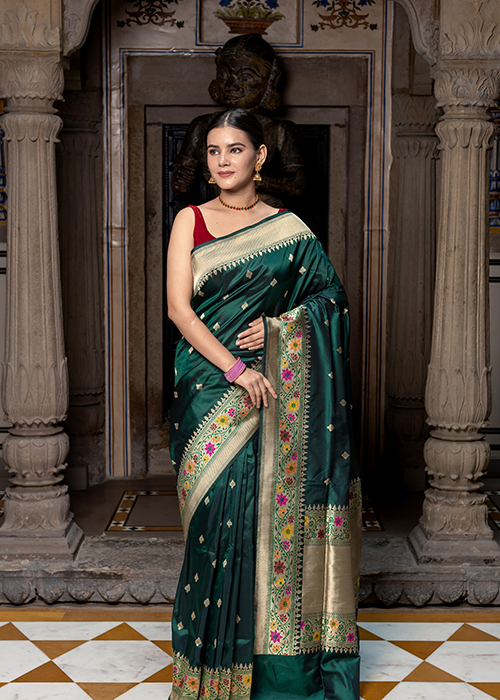 Dark Green Katan Silk Saree — Kadwa Booti