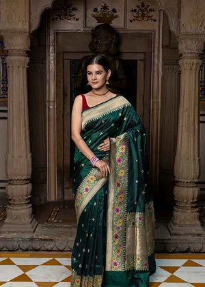 Green Katan Silk Saree — Kadwa Booti