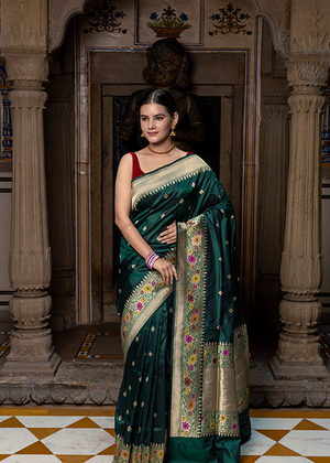Dark Green Katan Silk Saree — Kadwa Booti