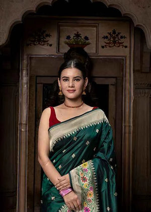Green Katan Silk Saree — Kadwa Booti