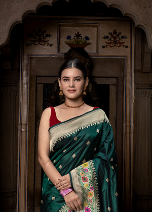 Dark Green Katan Silk Saree — Kadwa Booti