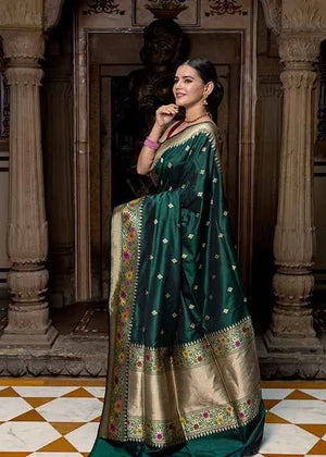 Green Katan Silk Saree — Kadwa Booti