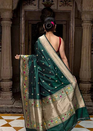 Green Katan Silk Saree — Kadwa Booti