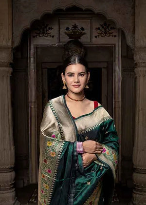 Green Katan Silk Saree — Kadwa Booti