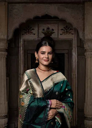 Green Katan Silk Saree — Kadwa Booti