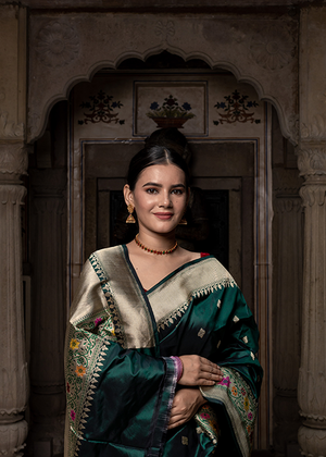 Dark Green Katan Silk Saree — Kadwa Booti
