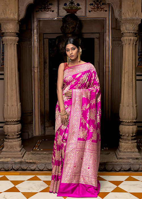 Magenta Katan Silk Saree with Meena Jaal weave