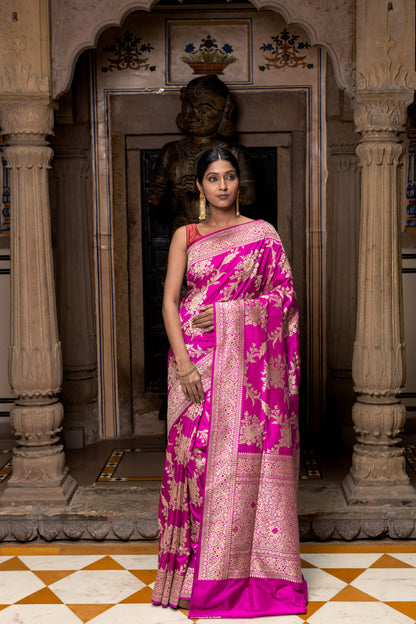 Rani Pink Handwoven Kadwa Katan Silk Saree - Panaya 