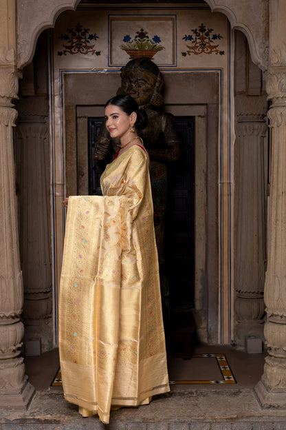 Gold Handwoven Kadwa Katan Silk Saree - Panaya 