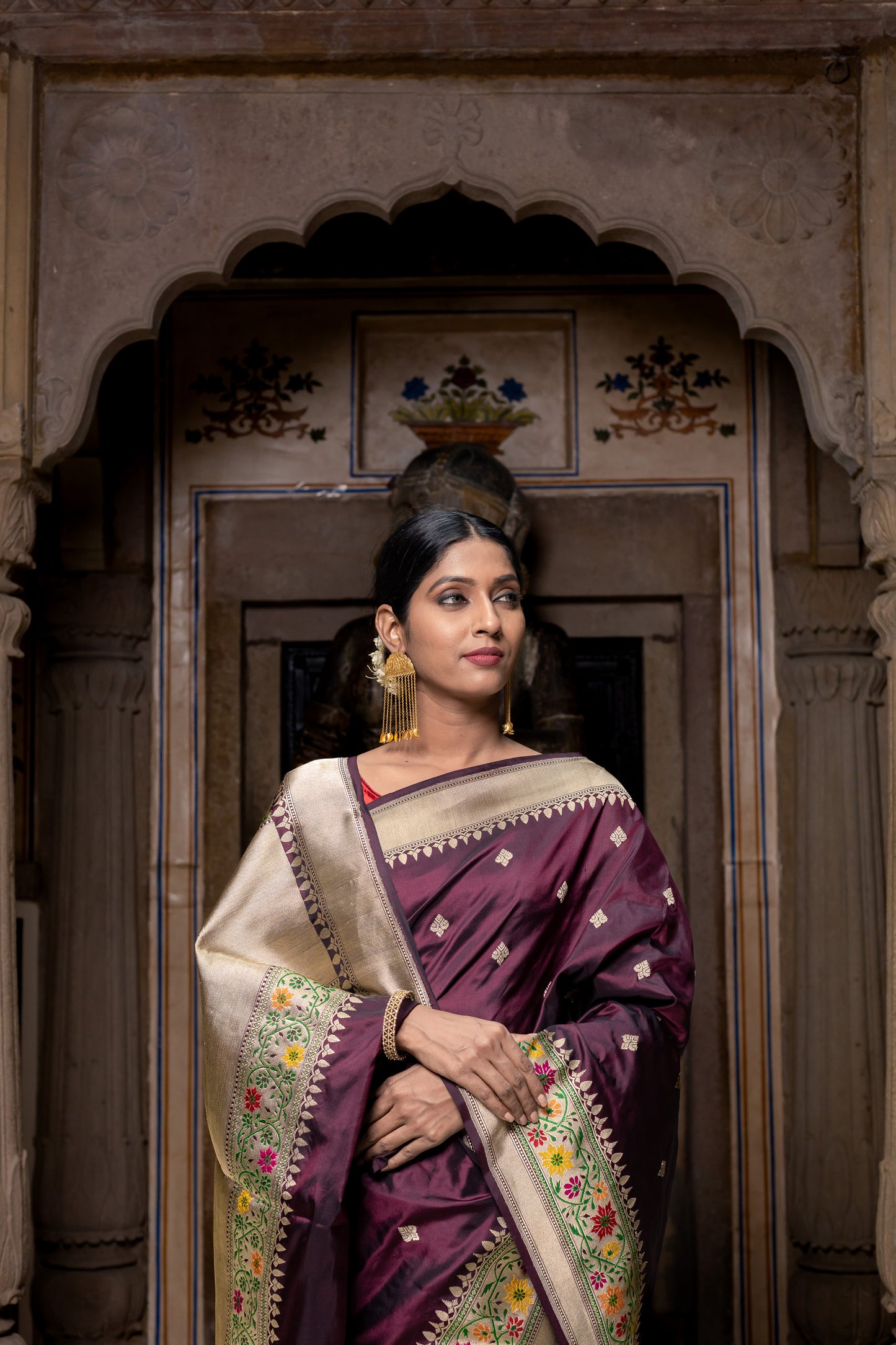 Wine Handwoven Kadwa Katan Silk Saree - Panaya 