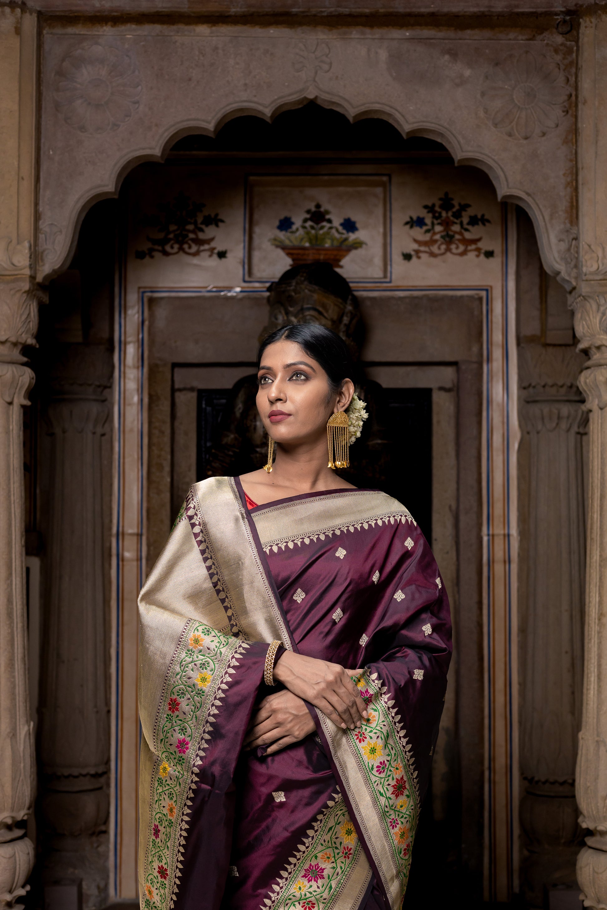 Wine Handwoven Kadwa Katan Silk Saree