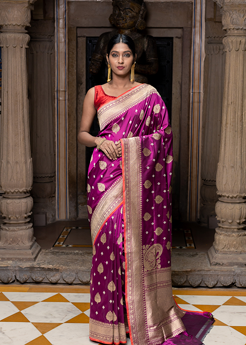 Wine Katan Silk Saree — Kadwa Jaal