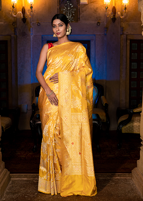 Yellow Katan Silk Saree — Kadwa Meena Jaal