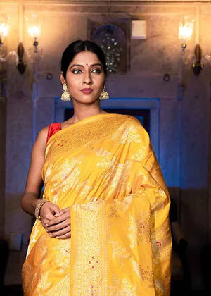 Yellow Katan Silk Saree — Kadwa Meena Jaal
