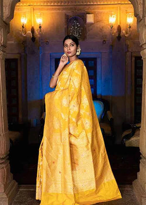 Yellow Katan Silk Saree — Kadwa Meena Jaal