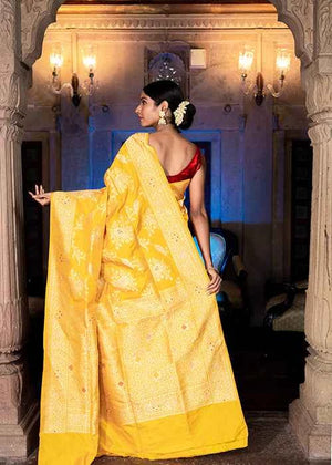 Yellow Katan Silk Saree — Kadwa Meena Jaal