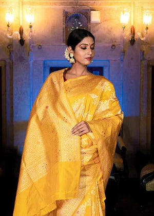 Yellow Katan Silk Saree — Kadwa Meena Jaal