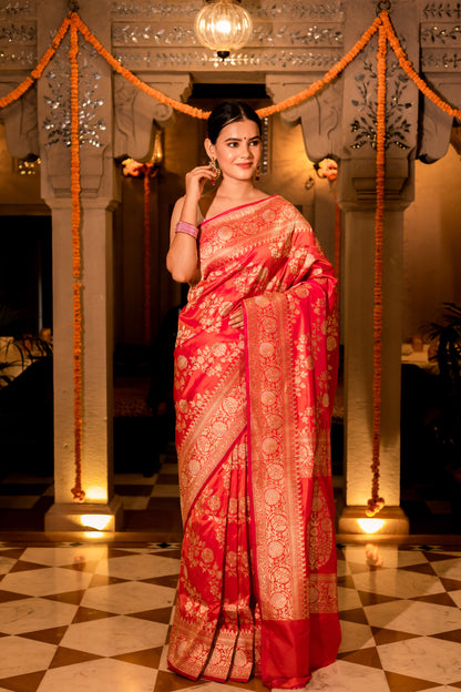 Orange Handwoven Kadwa Katan Silk Saree - Panaya 