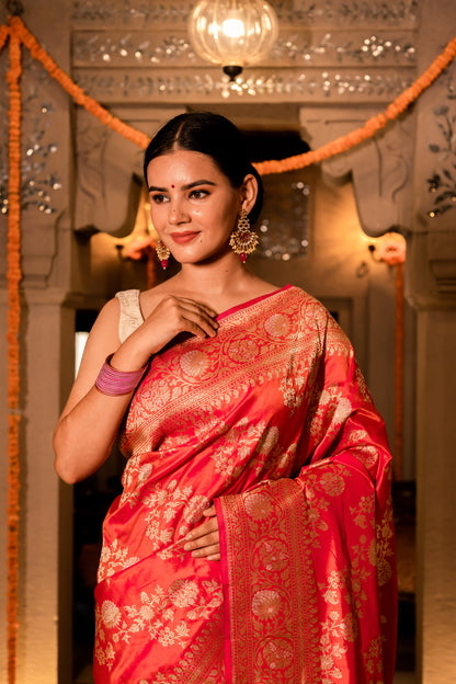 Orange Handwoven Kadwa Katan Silk Saree - Panaya 