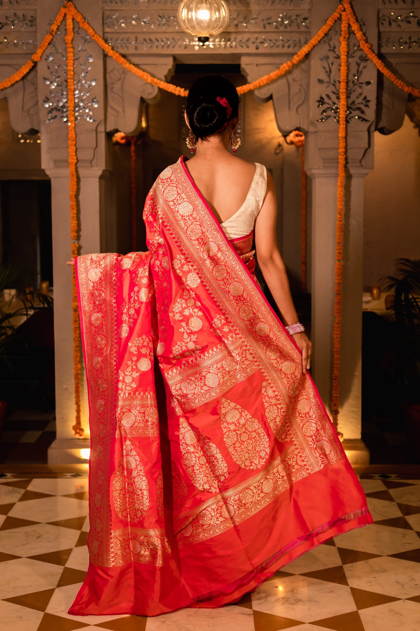 Orange Handwoven Kadwa Katan Silk Saree - Panaya 