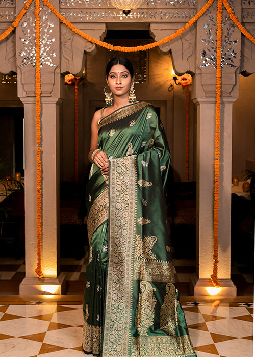 Panaya Heritage Green Katan Silk Saree — Kadwa Booti