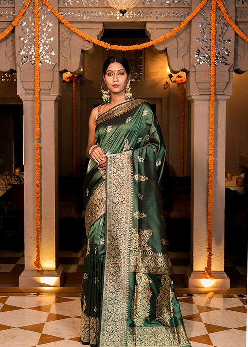 Green Katan Silk Saree — Kadwa Booti