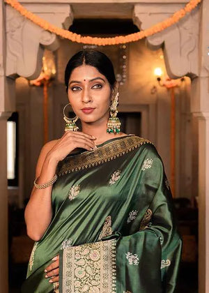Green Katan Silk Saree — Kadwa Booti