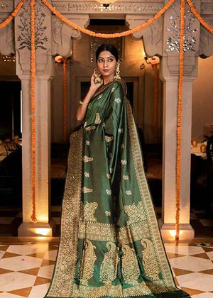 Green Katan Silk Saree — Kadwa Booti