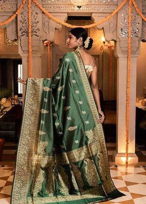 Green Katan Silk Saree — Kadwa Booti