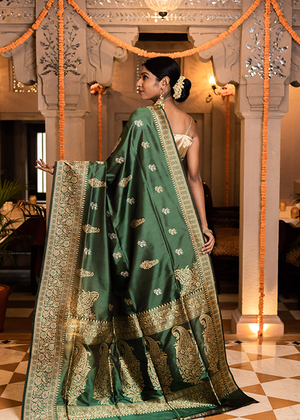 Green Katan Silk Saree — Kadwa Booti