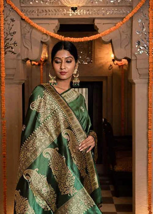 Green Katan Silk Saree — Kadwa Booti