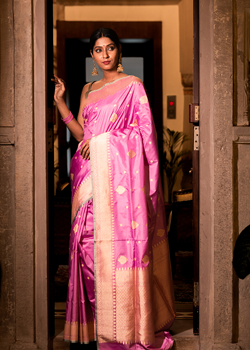 Pink Katan Silk Saree - Kadwa weave