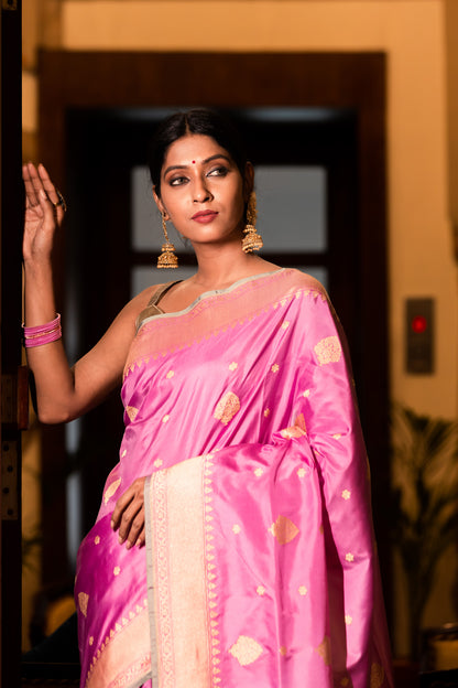 Pink Handwoven Kadwa Katan Pure Silk Saree - Panaya 