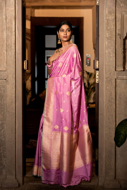 Pink Handwoven Kadwa Katan Pure Silk Saree - Panaya 