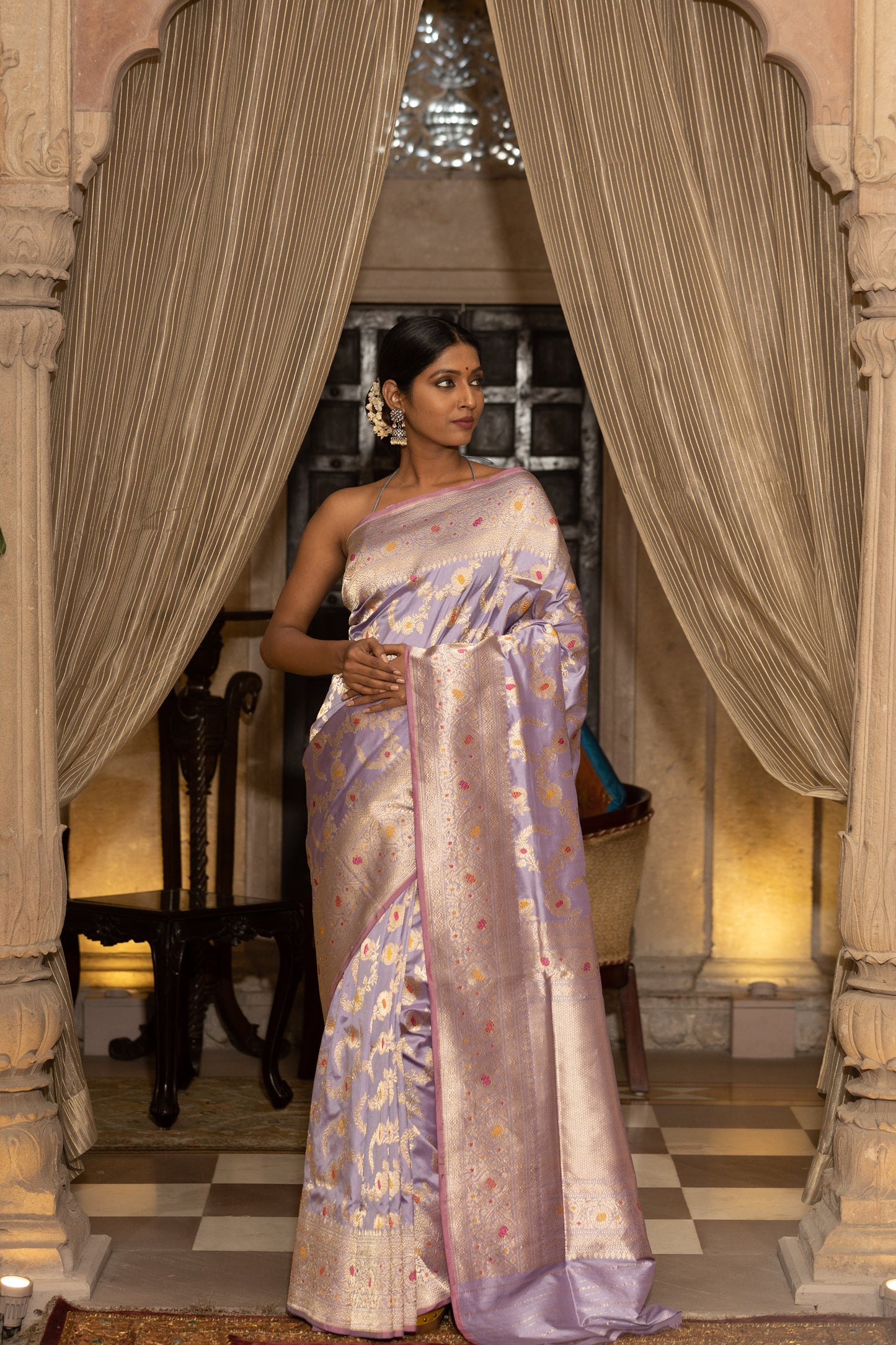 Lavender Katan Pure Silk Handwoven Saree - Panaya 