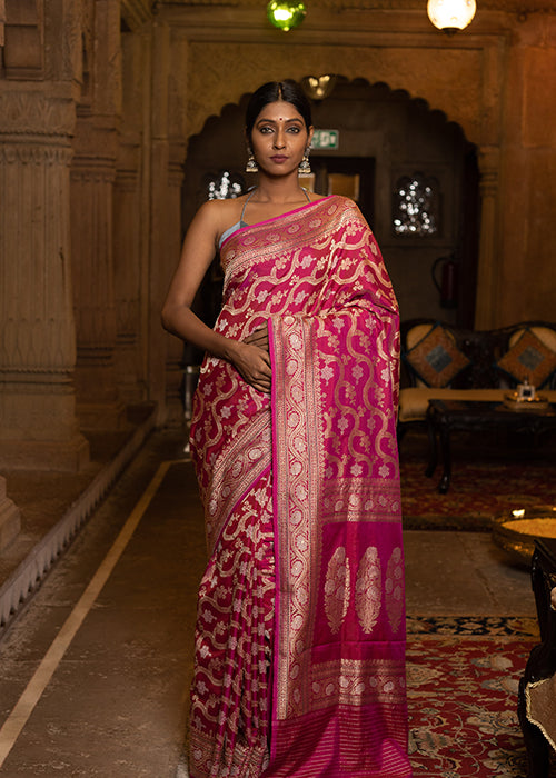 Dark Pink Katan Silk Saree — Kadwa Jaal
