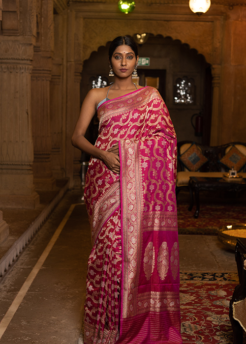 Dark Pink Katan Silk Saree — Kadwa Jaal