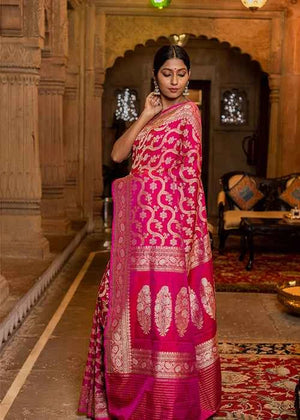Dark Pink Katan Silk Saree — Kadwa Jaal