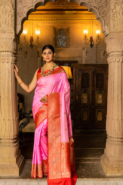 Pink Handwoven Kadwa Katan Silk Saree - Panaya 