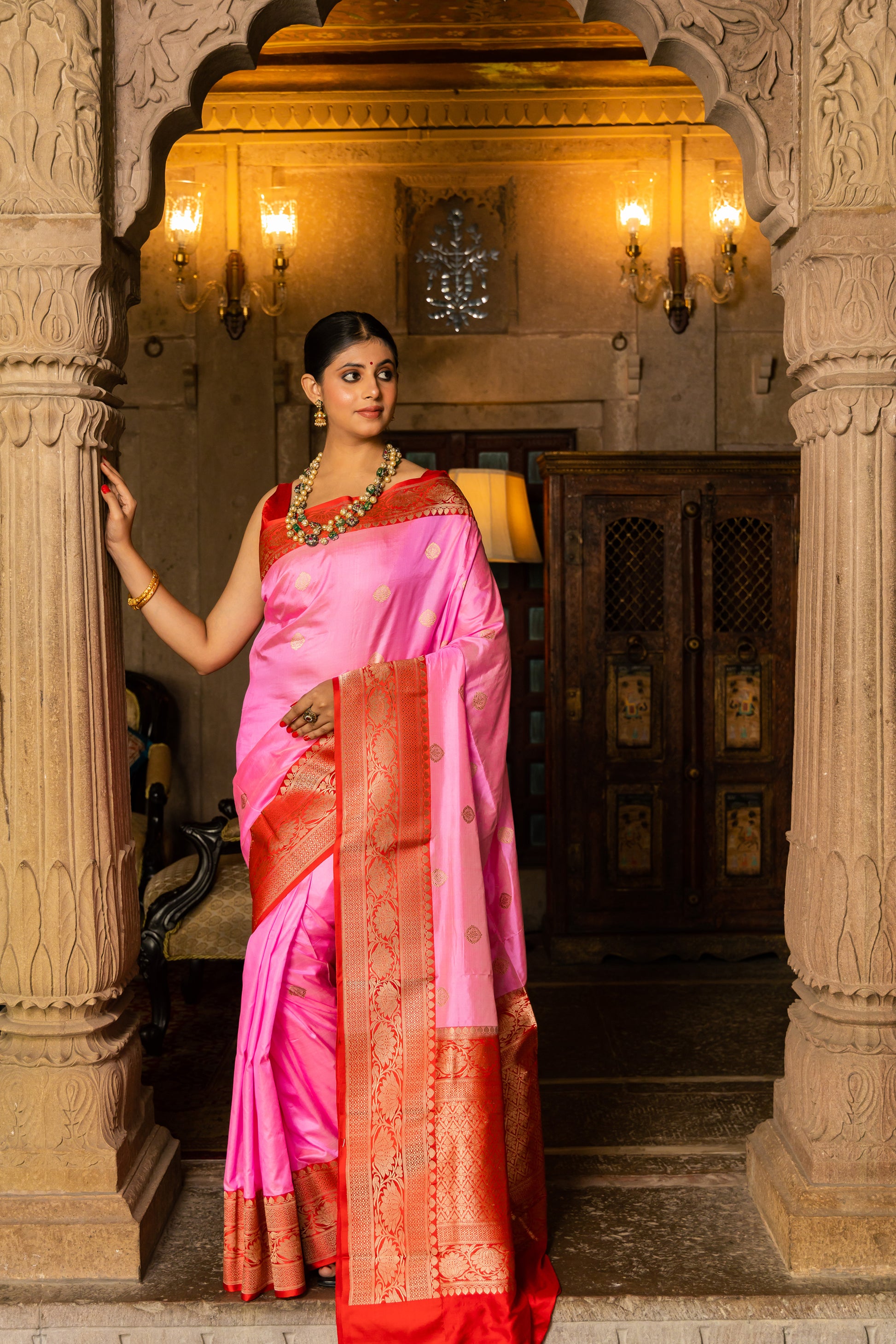 Pink Handwoven Kadwa Katan Silk Saree