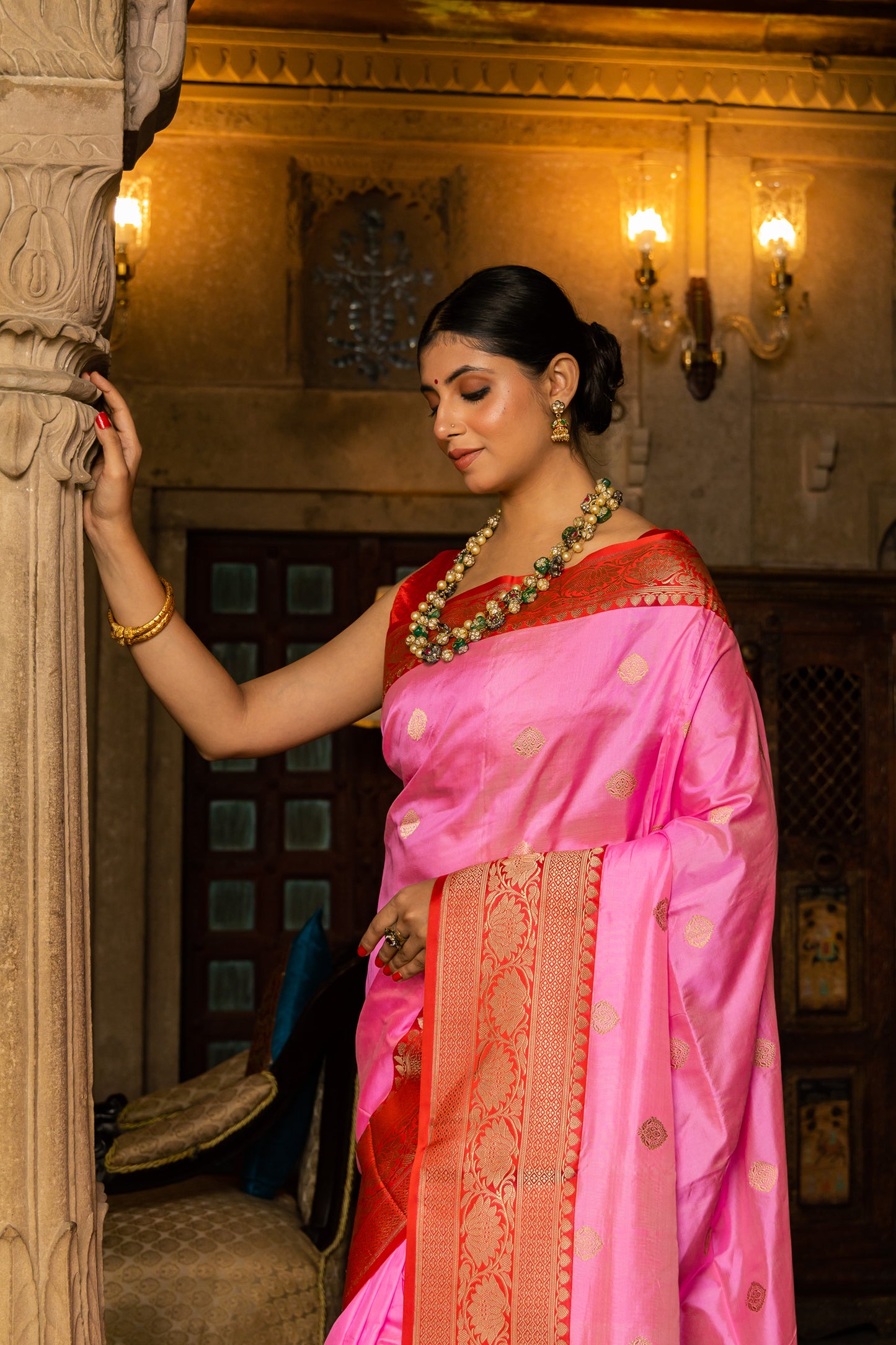 Pink Handwoven Kadwa Katan Silk Saree - Panaya 