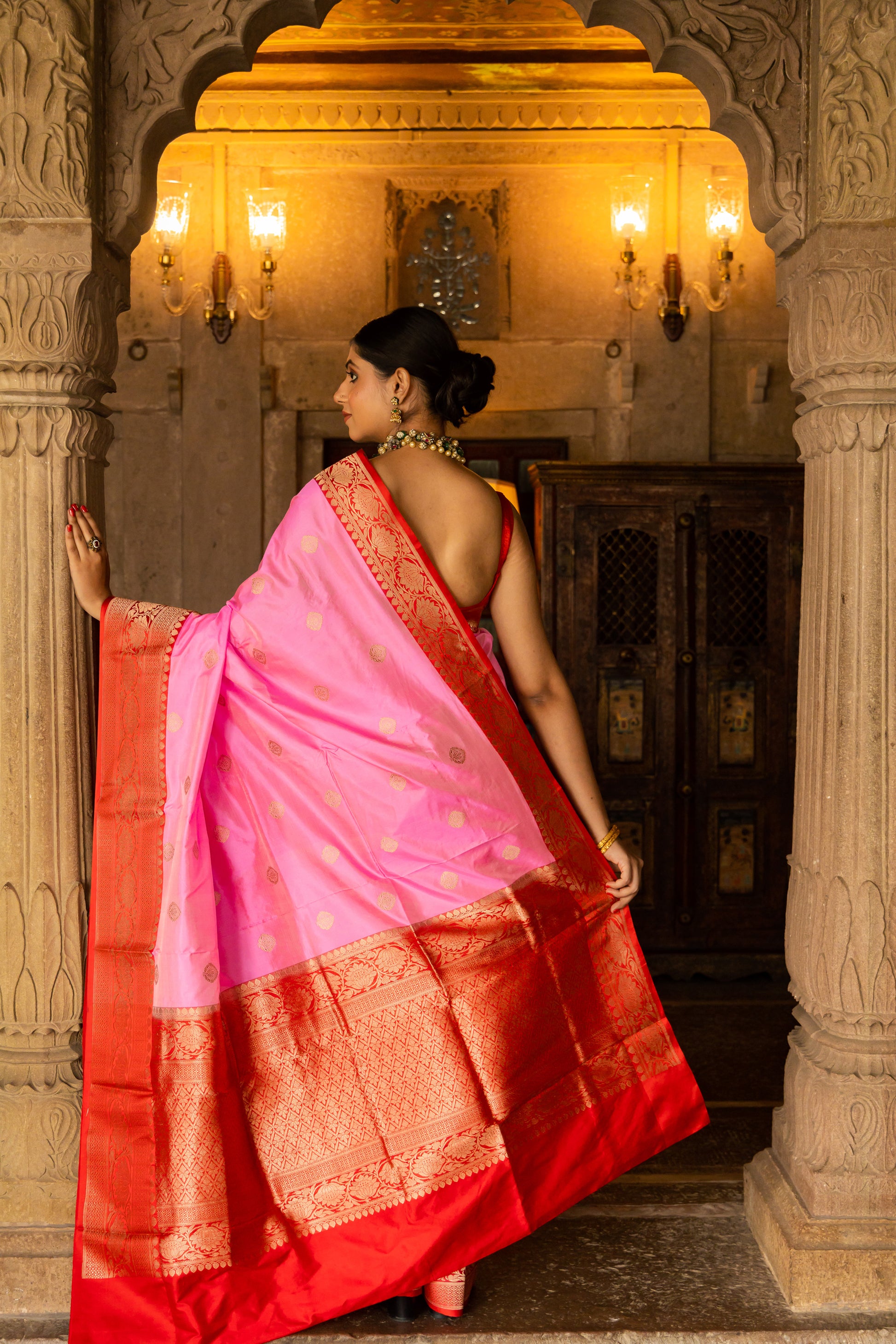 Pink Handwoven Kadwa Katan Silk Saree