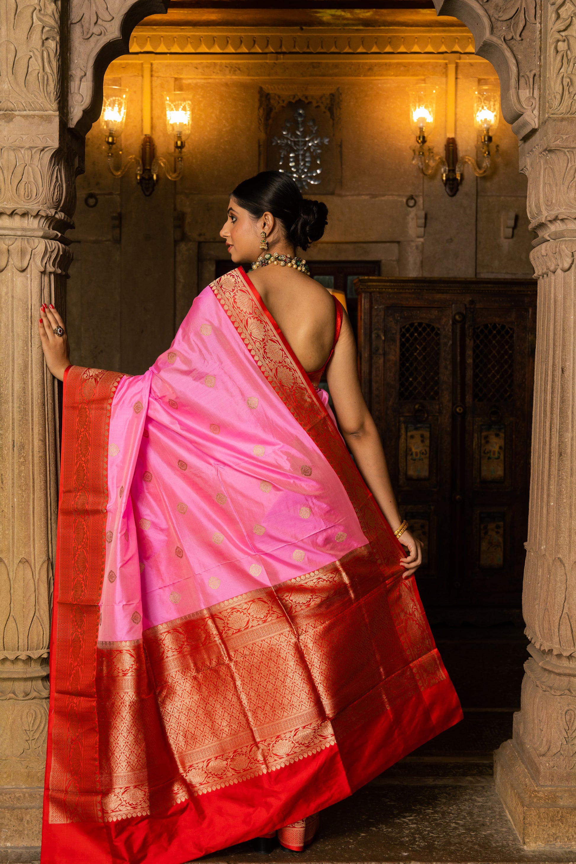 Pink Handwoven Kadwa Katan Silk Saree