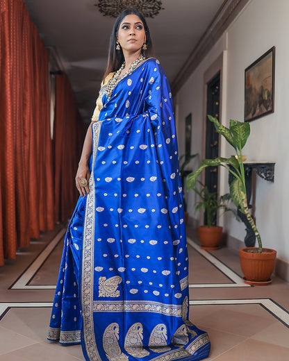 Royal Blue Handwoven Kadwa Katan Pure Silk Saree - Panaya 