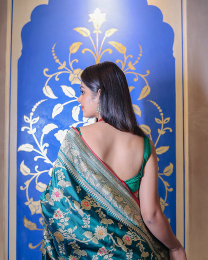 Teal Handwoven Kadwa Katan Pure Silk Saree - Panaya 