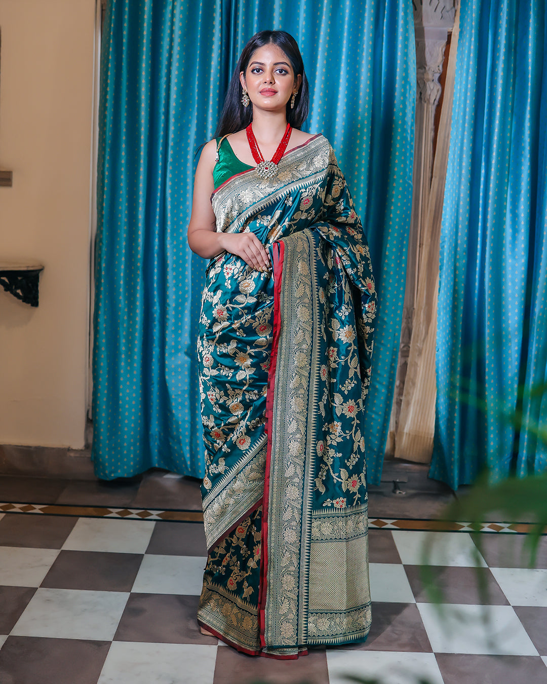 Teal Handwoven Kadwa Katan Pure Silk Saree - Panaya 