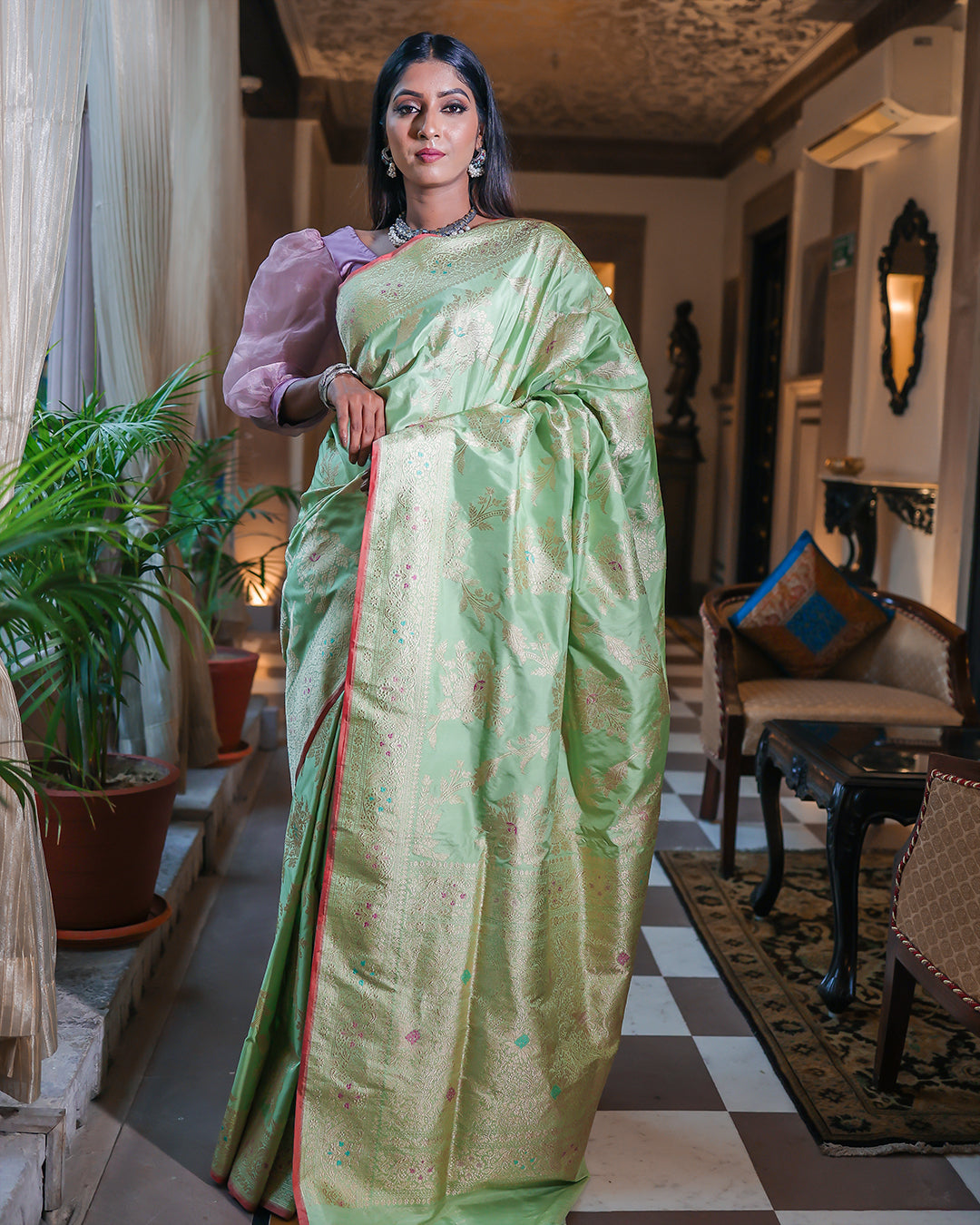 Light Green Katan Pure Silk Handwoven Saree - Panaya 