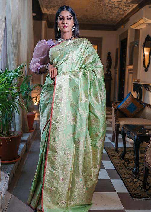 Lime Green Katan Silk Saree — Kadwa Jaal