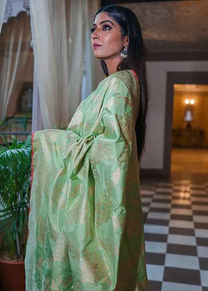 Lime Green Katan Silk Saree — Kadwa Jaal